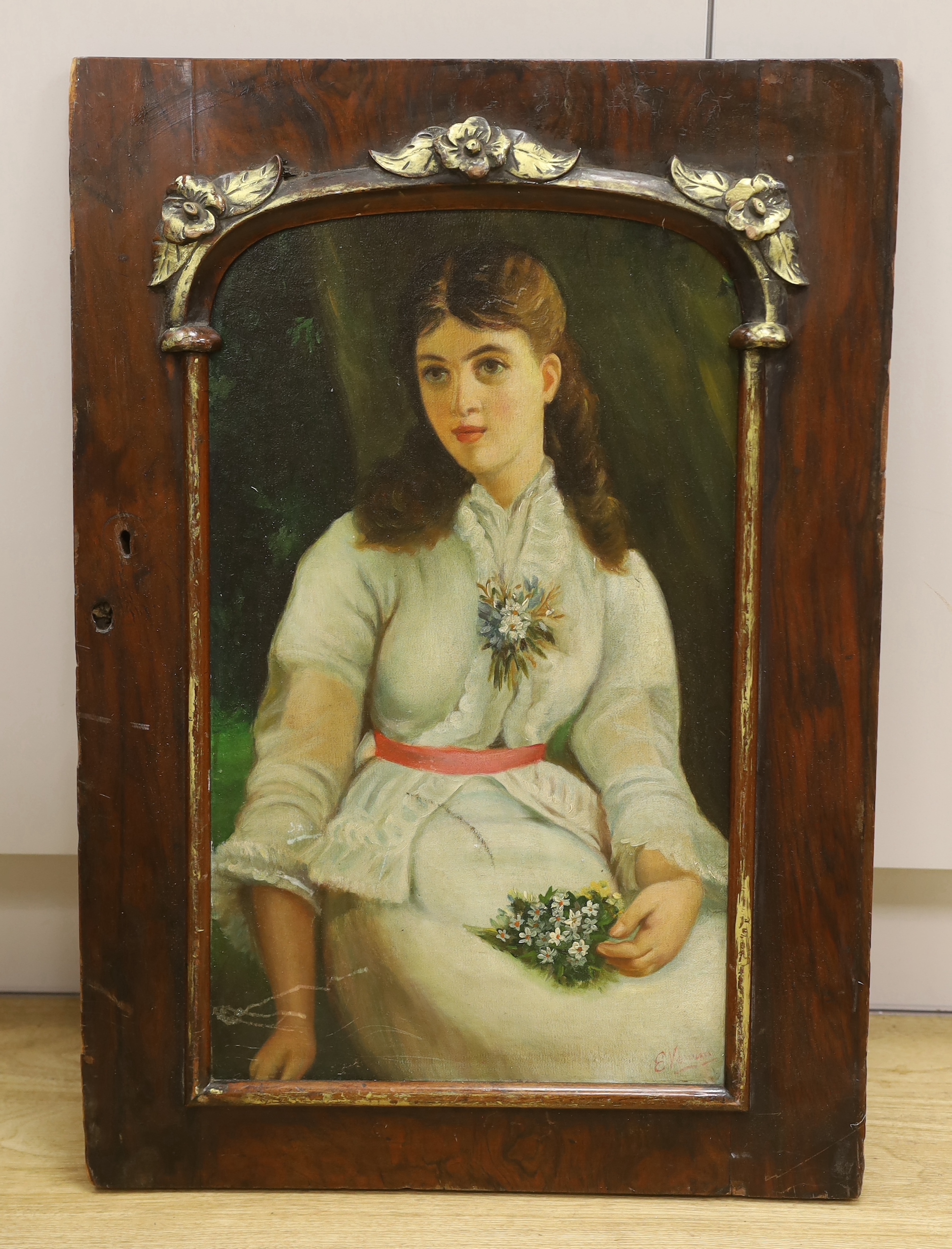 Oil on board, three quarter length portrait of a seated female with flowers, 52cm x 31cm